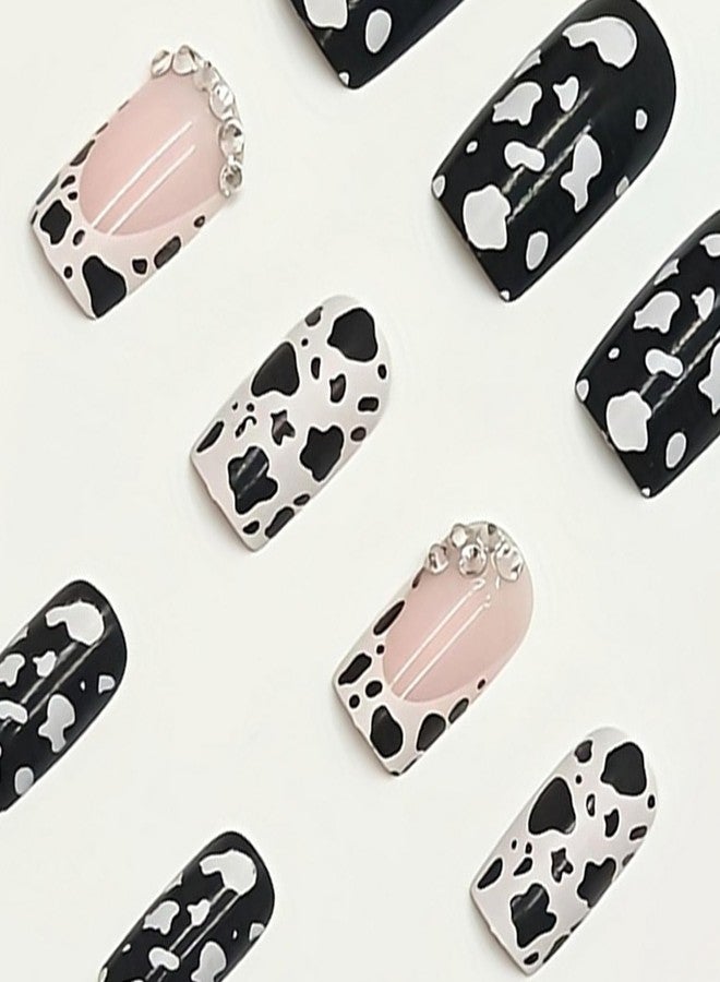 OCOUYVD 24 Pcs French Tip Press on Nails Short Square Shaped Fake Nails with Cow Print and Rhinestones Design Pink Glossy Leopard Acrylic Nails Full Cover Stick on Nail for Women Nail Manicure Decoration - Image 4